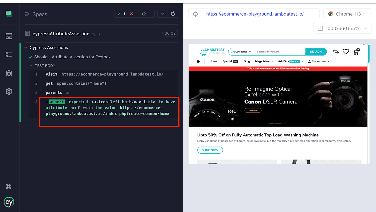 LambdaTest eCommerce Playground website test scenario Cypress Assertions implementation and execution code