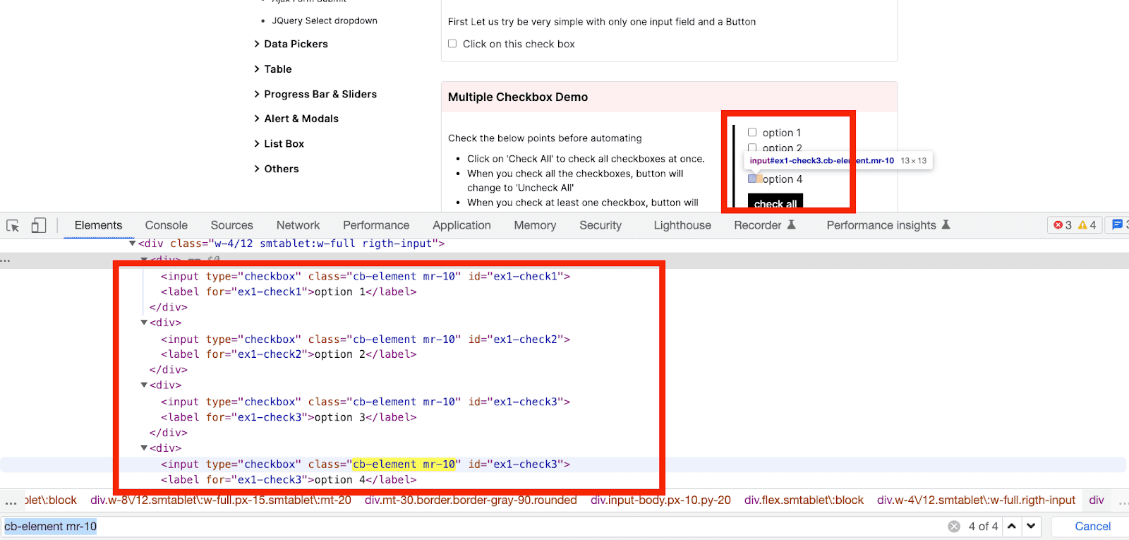 Screenshot demonstrating the use of Cypress commands cyget check and should(bechecked) to interact with checkboxes on a webpage