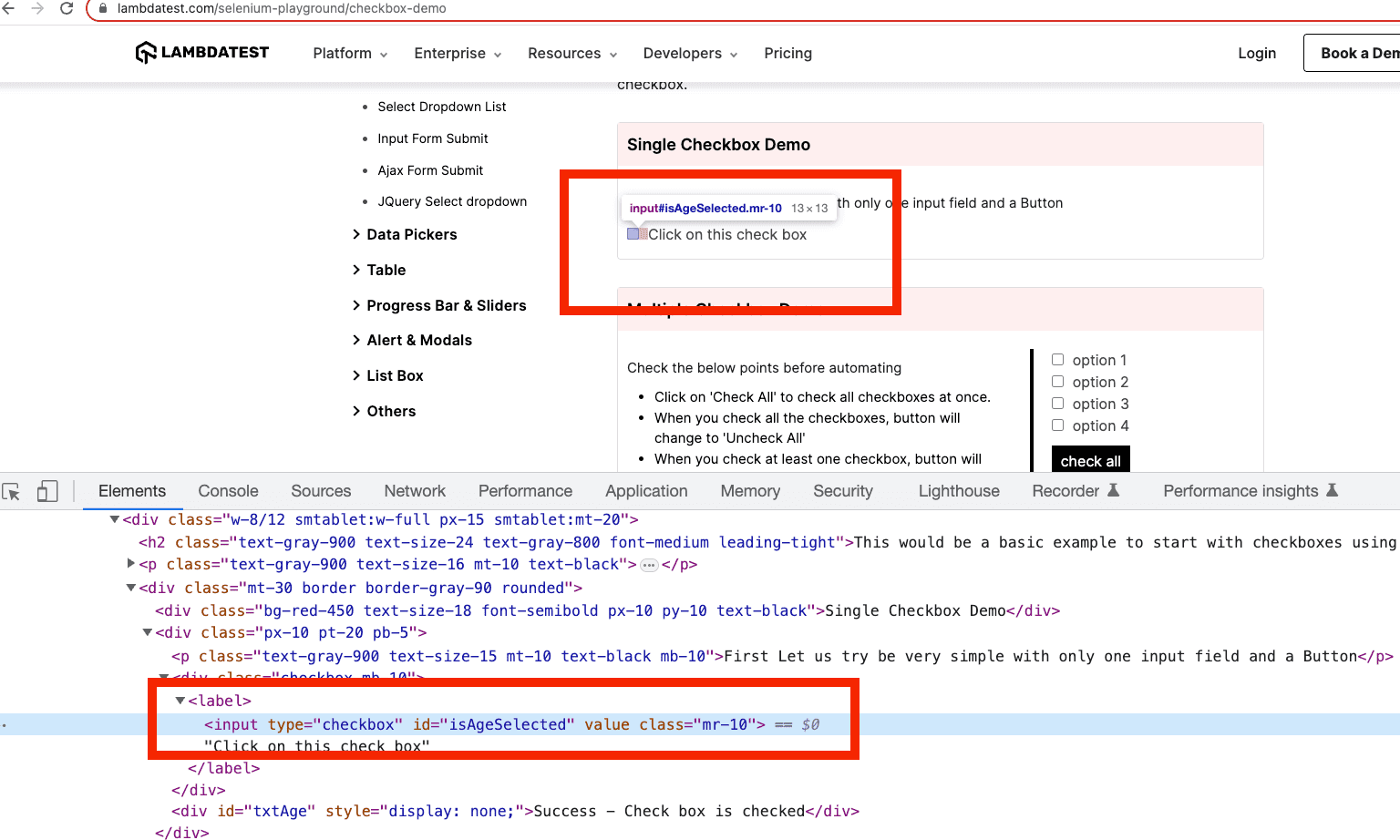 Screenshot illustrating the use of Cypress commands cyget and check to select and check checkboxes on a webpage