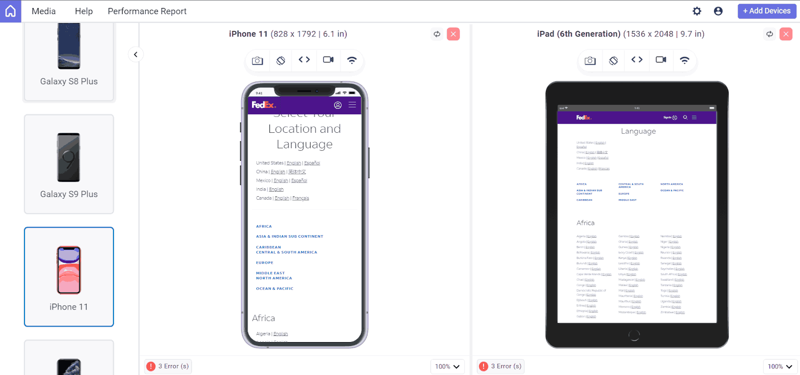 Screenshot of FedEx website showing locations list displayed in a single-column layout on a mobile and tablet device