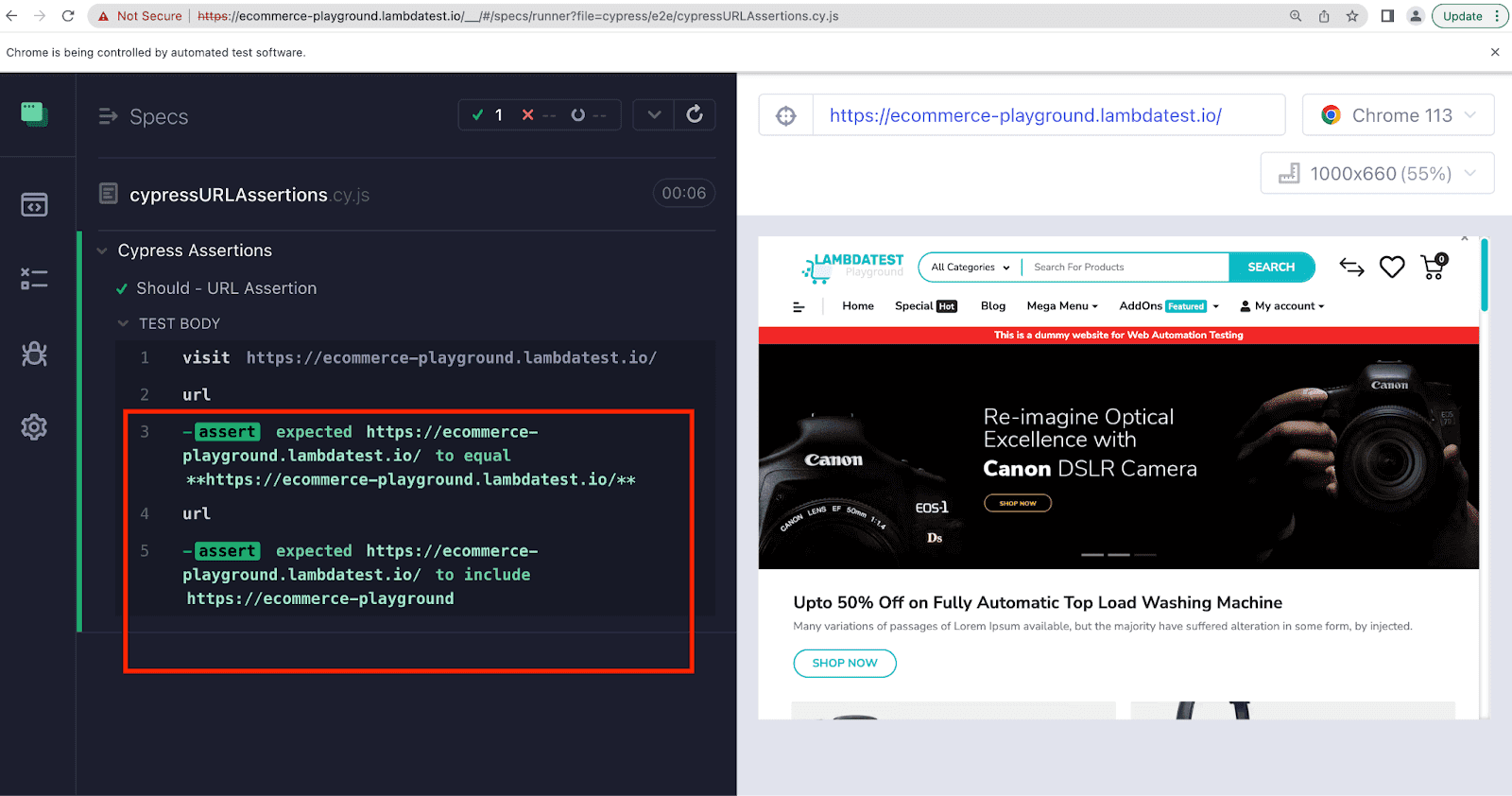 URL verification during LambdaTest eCommerce Playground testing