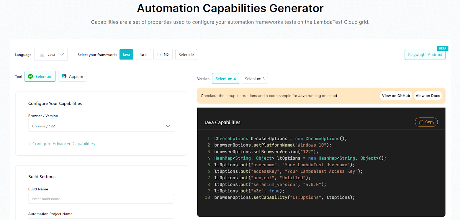 capabilities for the LambdaTest platform