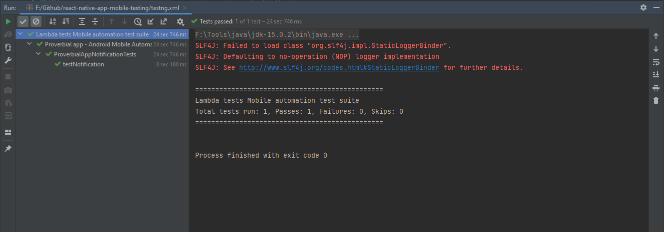locally executed test run using IntelliJ IDE in Andriod 