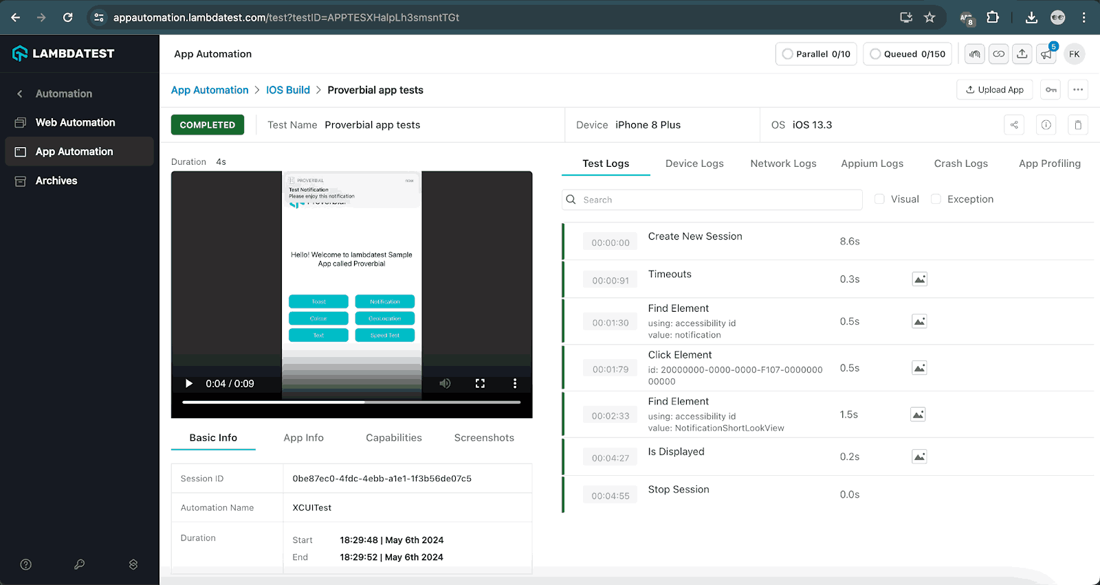  step-by-step test execution details in iOS