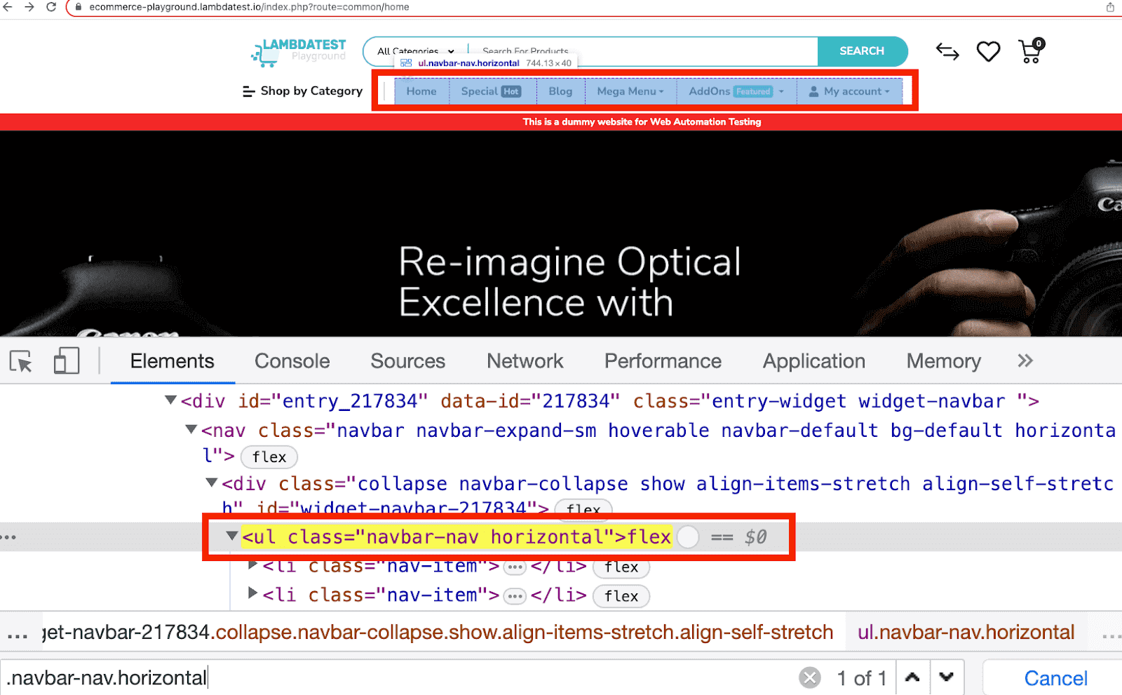 category locator with class value .navbar-nav.horizontal >li 