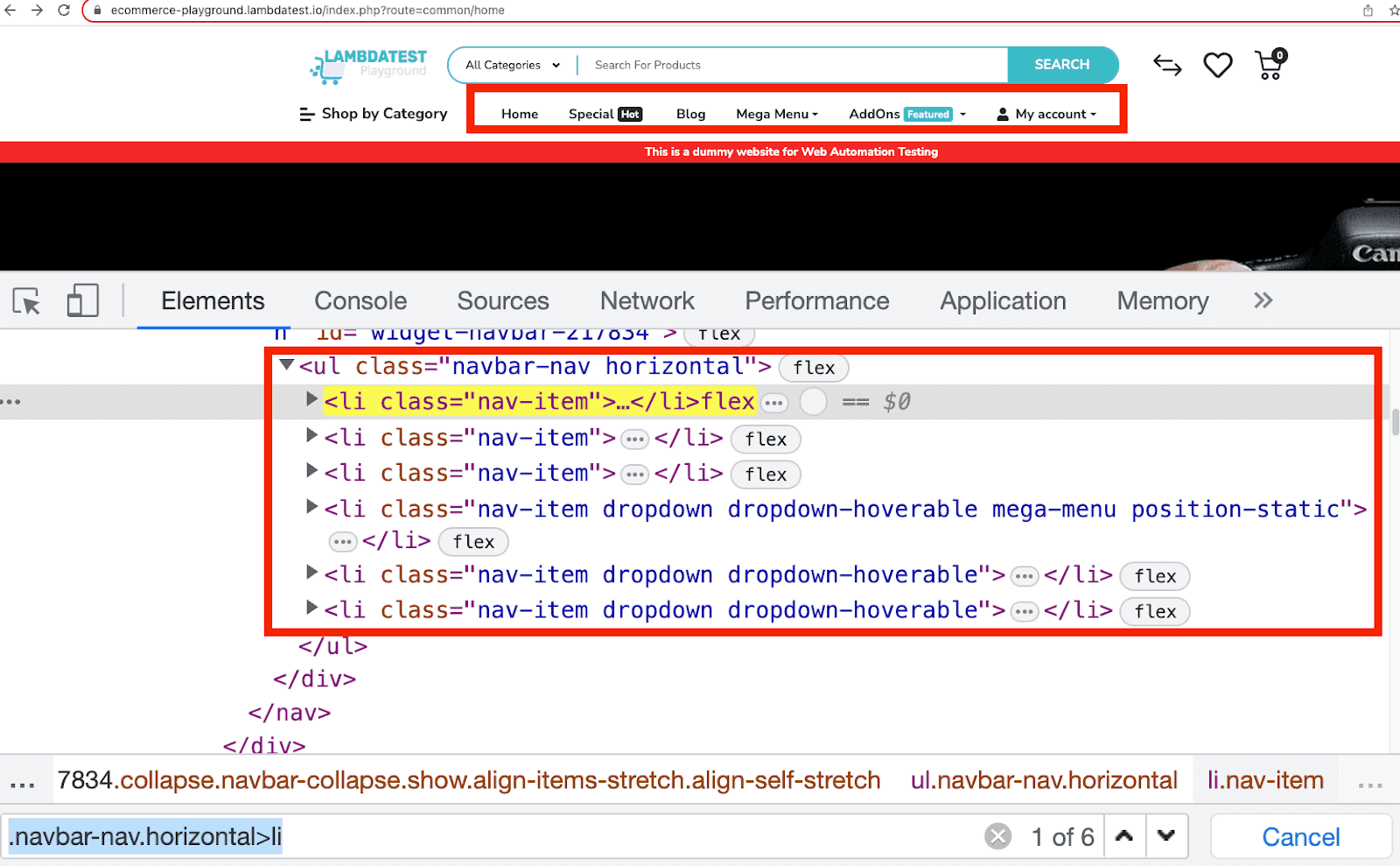 category locator with class value .navbar-nav.horizontal >li 