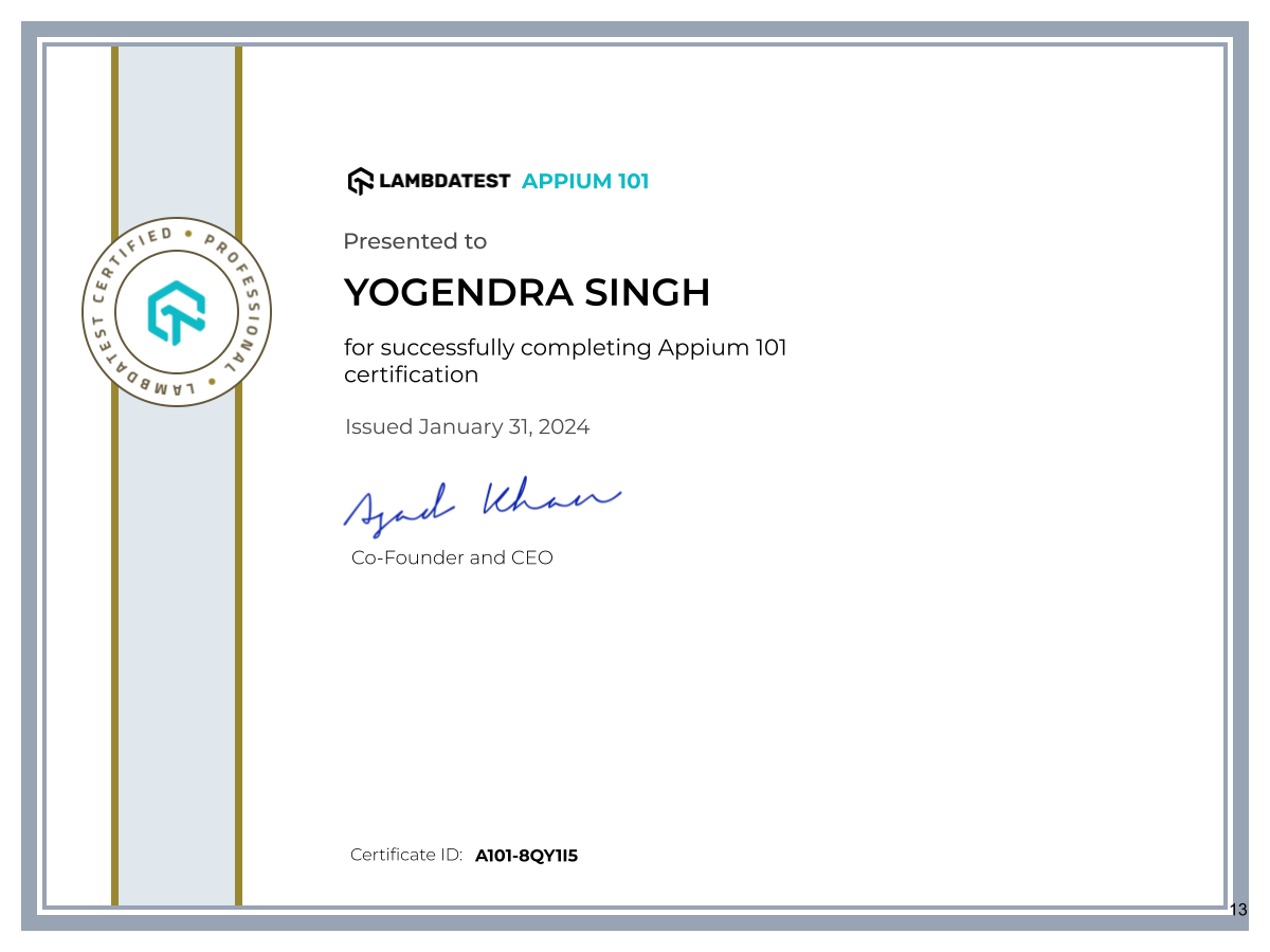 Yogendra Singh's Automation Certificate: Appium 101