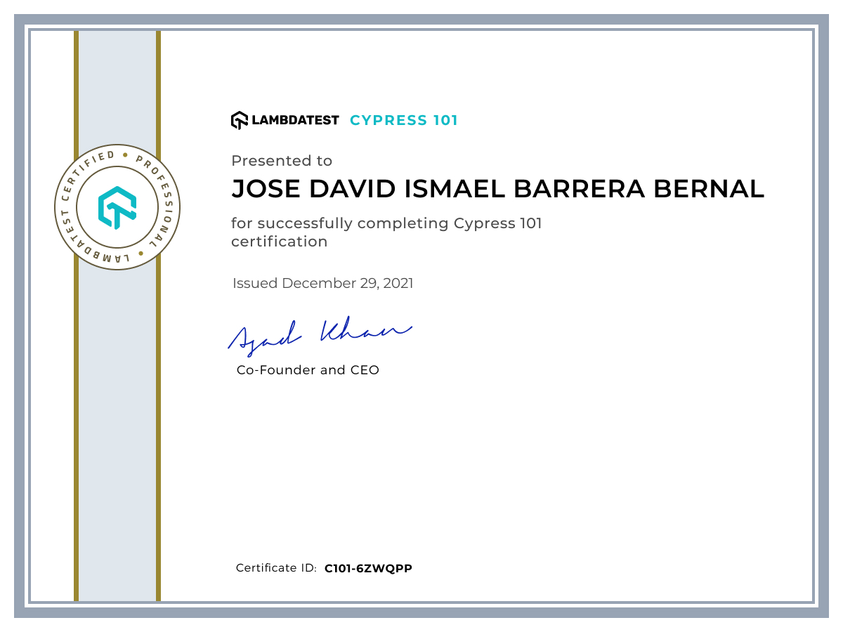 Jose David Ismael Barrera Bernal's Automation Certificate: Cypress 101