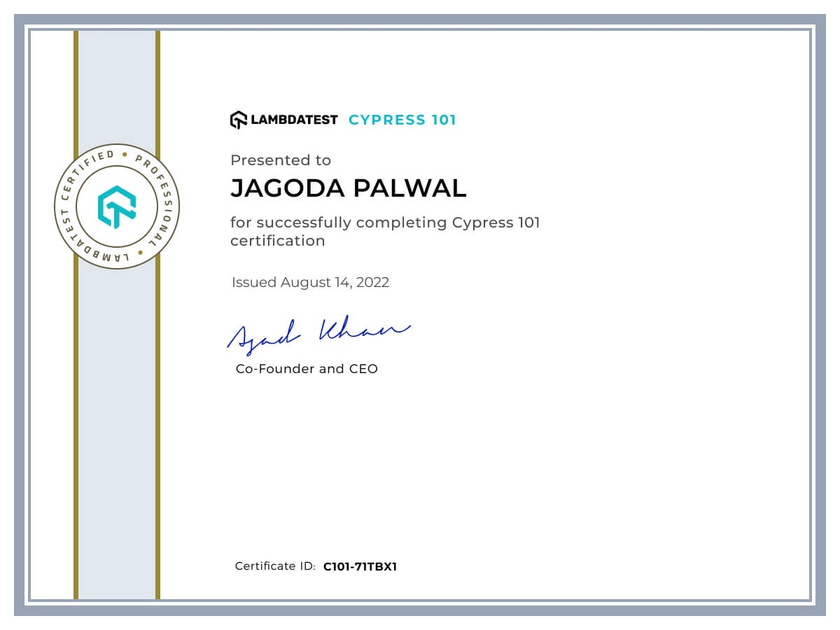 Jagoda Palwal's Automation Certificate: Cypress 101
