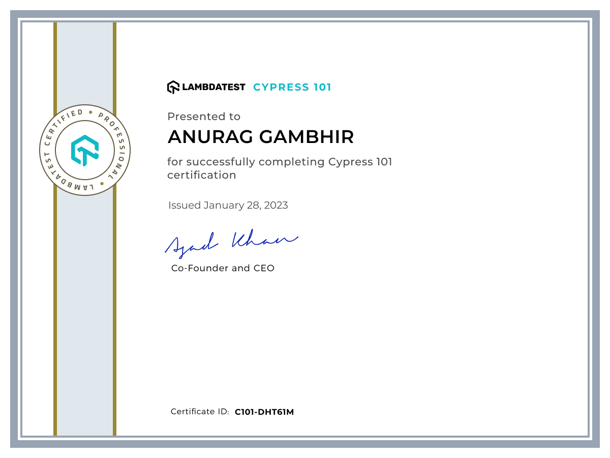 Anurag Gambhir's Automation Certificate: Cypress 101