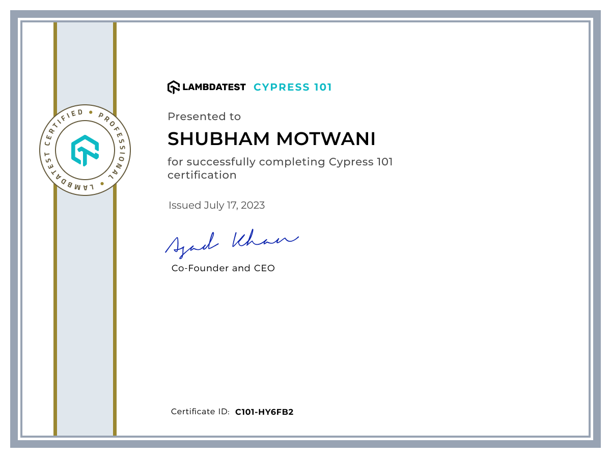 Shubham Motwani's Automation Certificate: Cypress 101