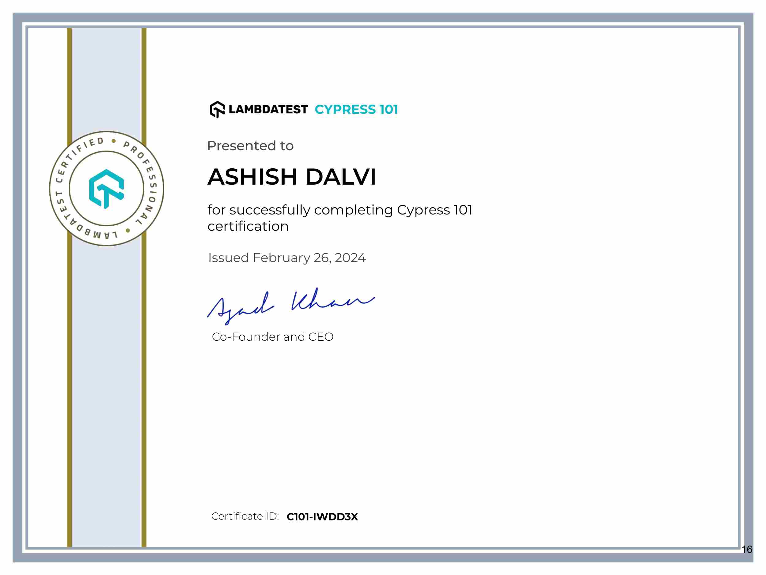 Ashish Dalvi's Automation Certificate: Cypress 101