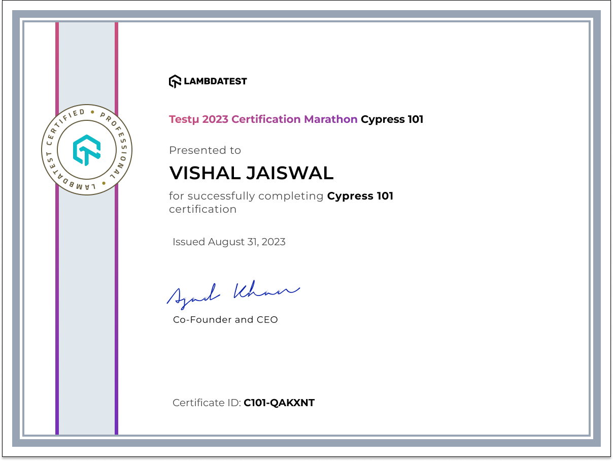 Vishal Jaiswal's Automation Certificate: Cypress 101