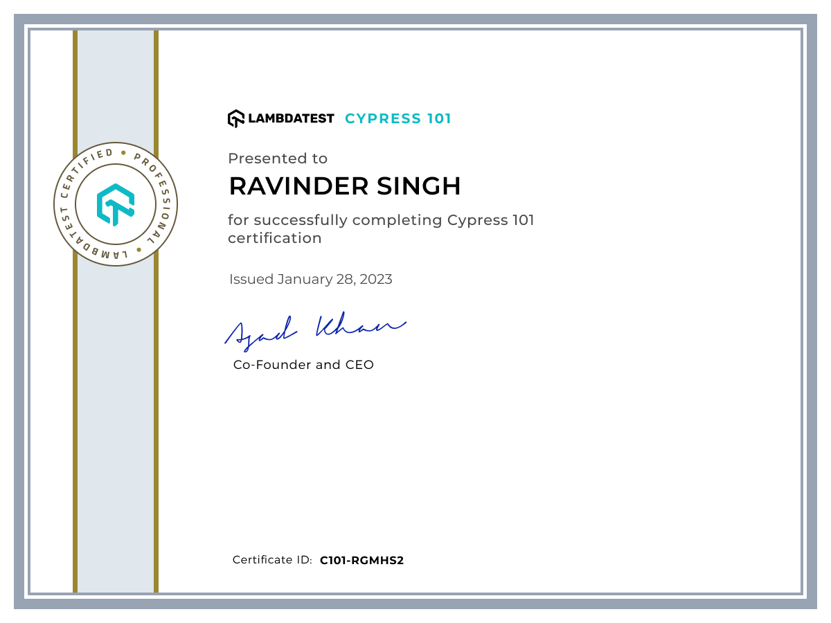 Ravinder Singh's Automation Certificate: Cypress 101