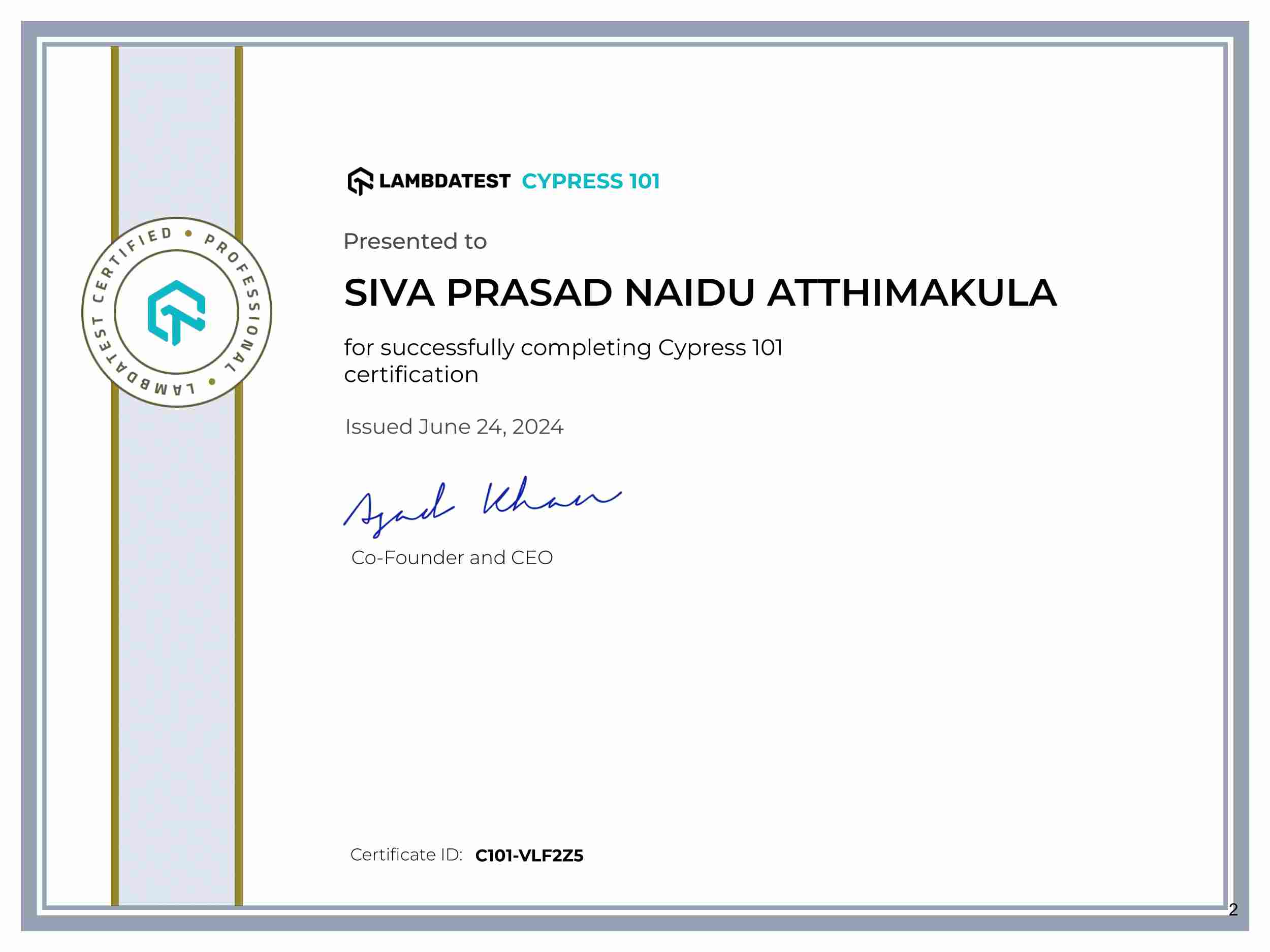 Siva Prasad Naidu Atthimakula's Automation Certificate: Cypress 101