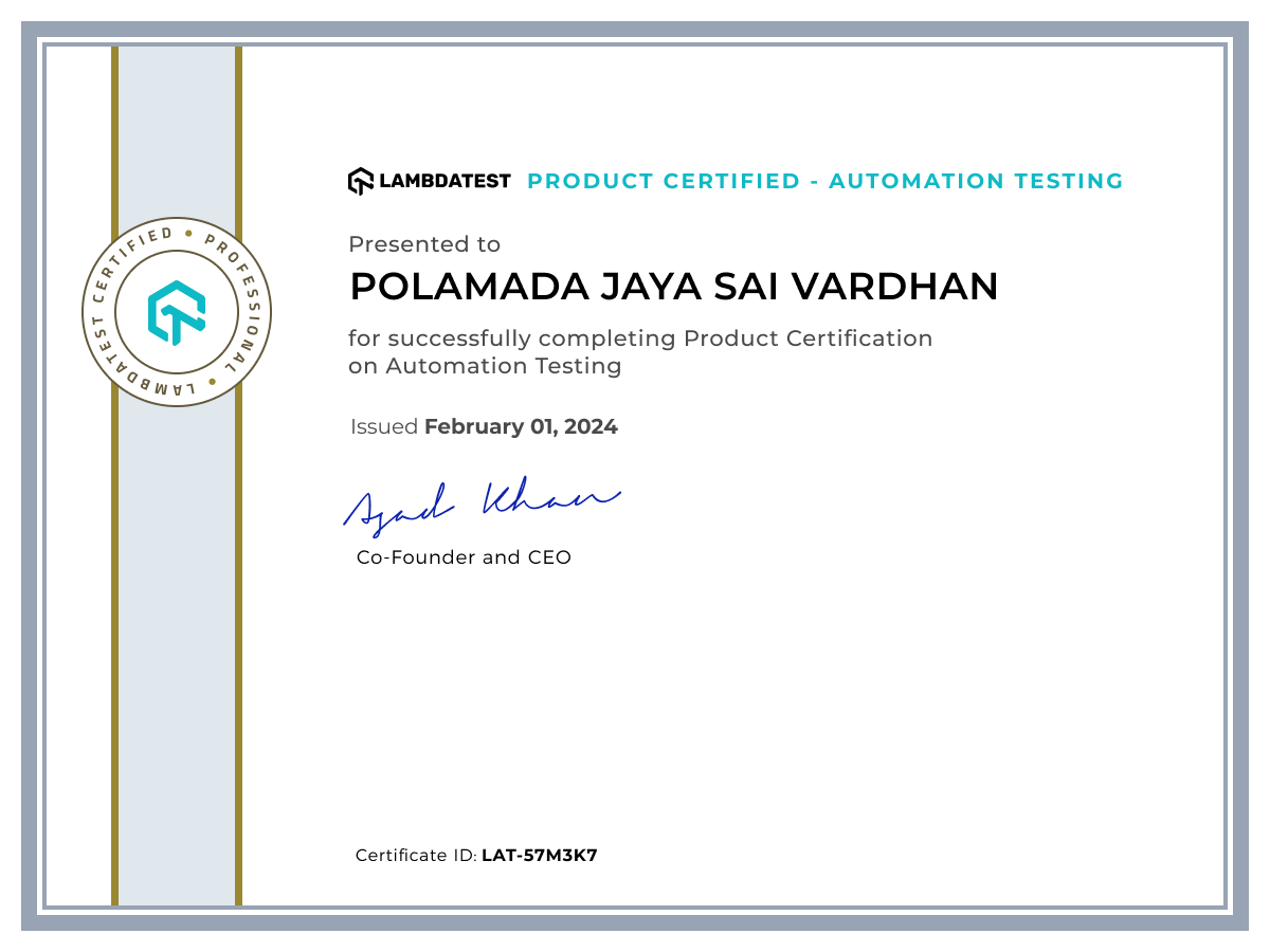 Polamada Jaya Sai Vardhan's Certificate: Automation Testing