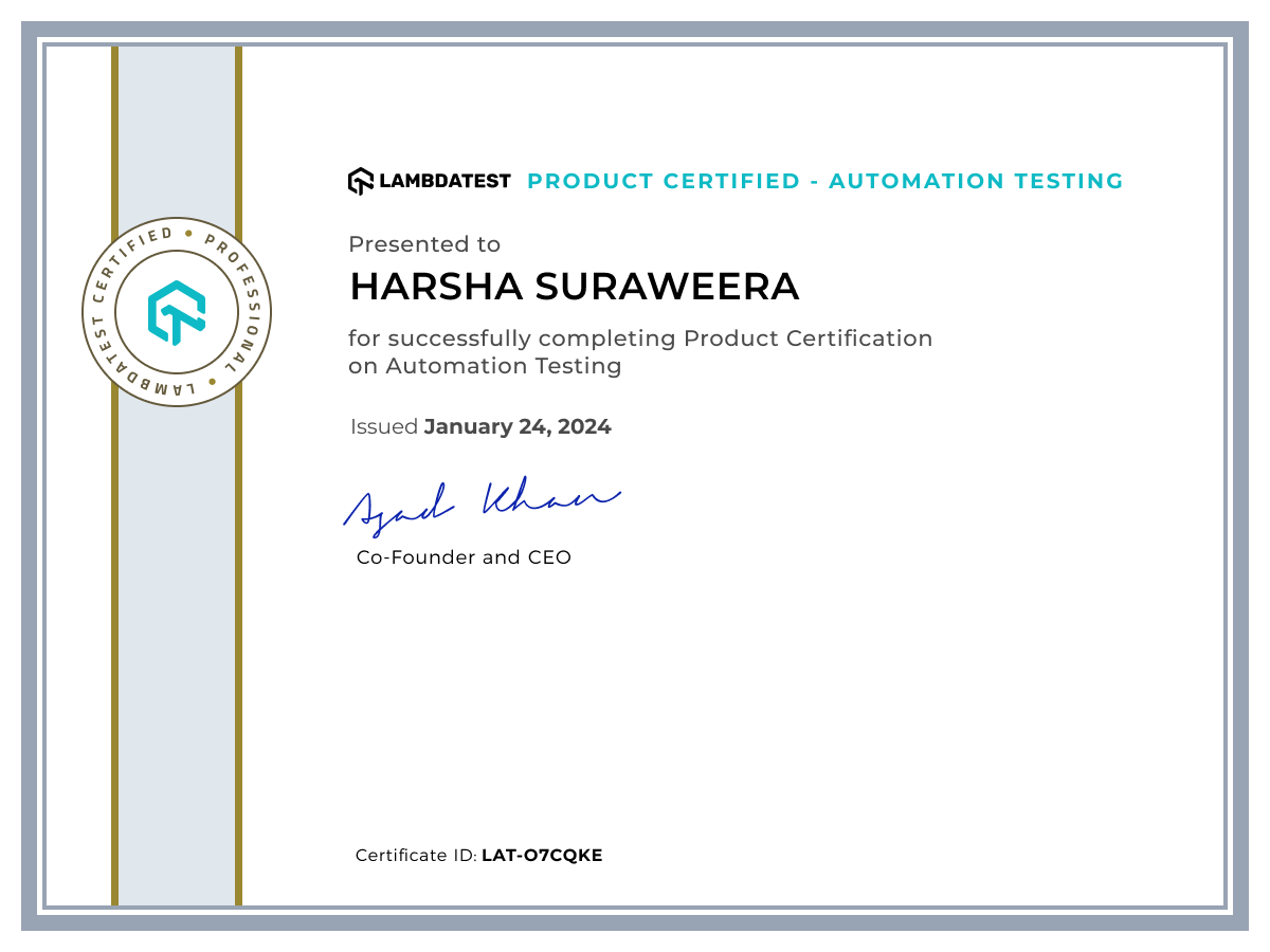 Harsha Suraweera's Certificate: Automation Testing