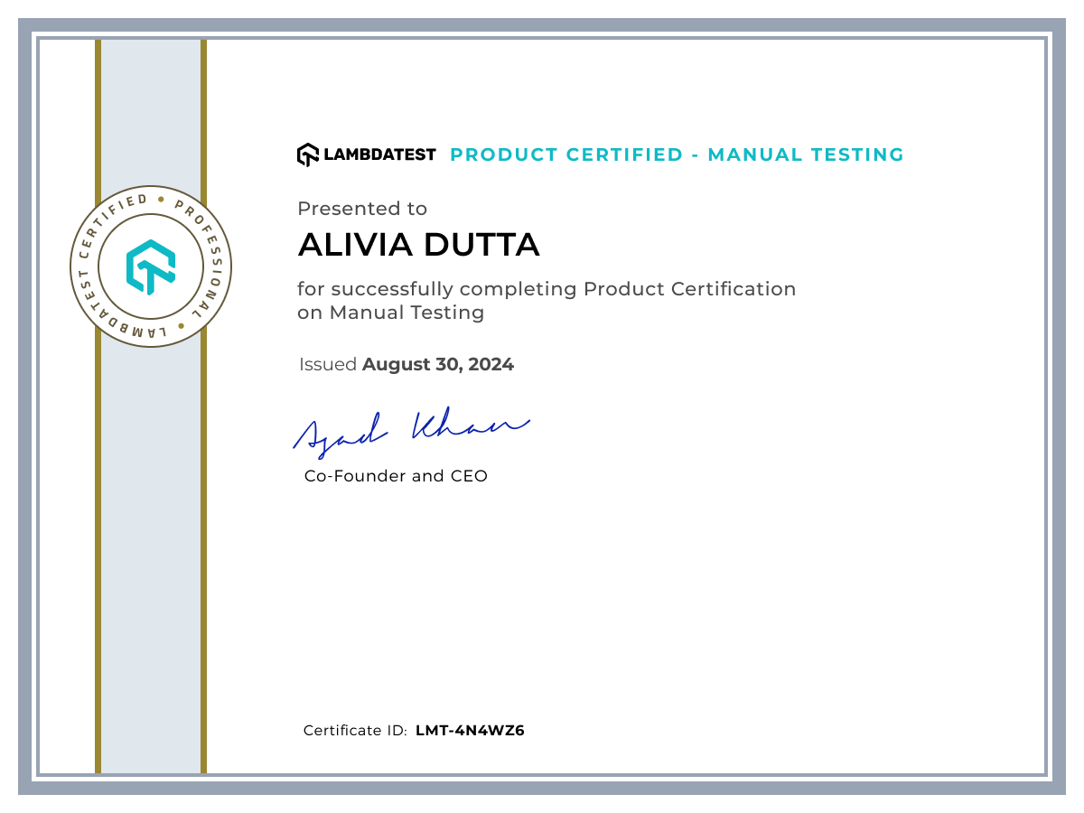 Alivia Dutta's Certificate: Manual Testing