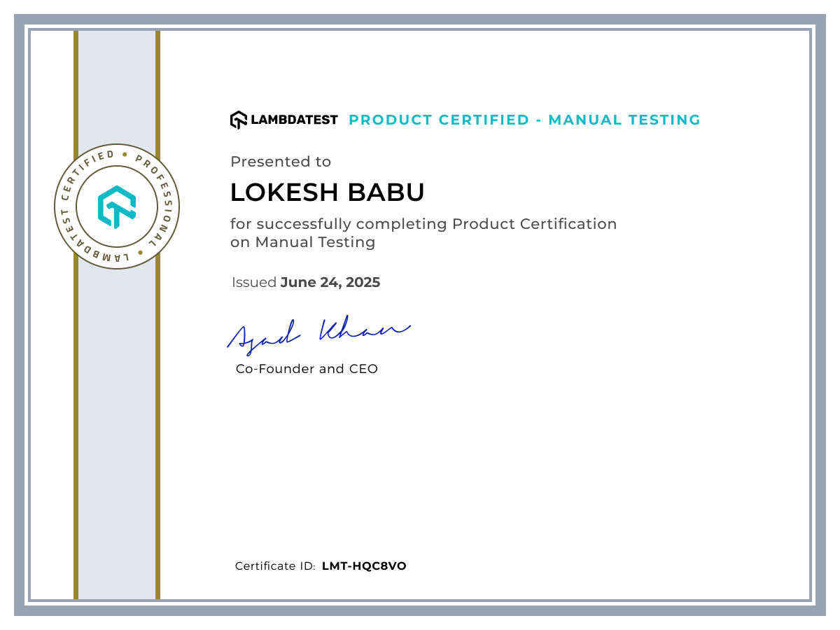 Lokesh Babu's Certificate: Manual Testing