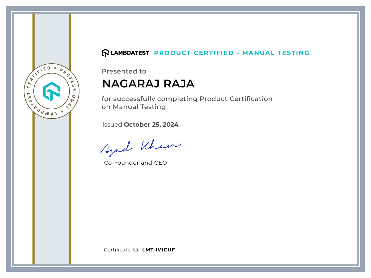 Nagaraj Raja's Certificate: Manual Testing
