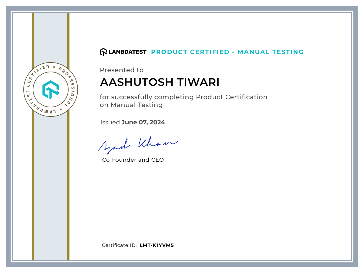 Aashutosh Tiwari's Certificate: Manual Testing