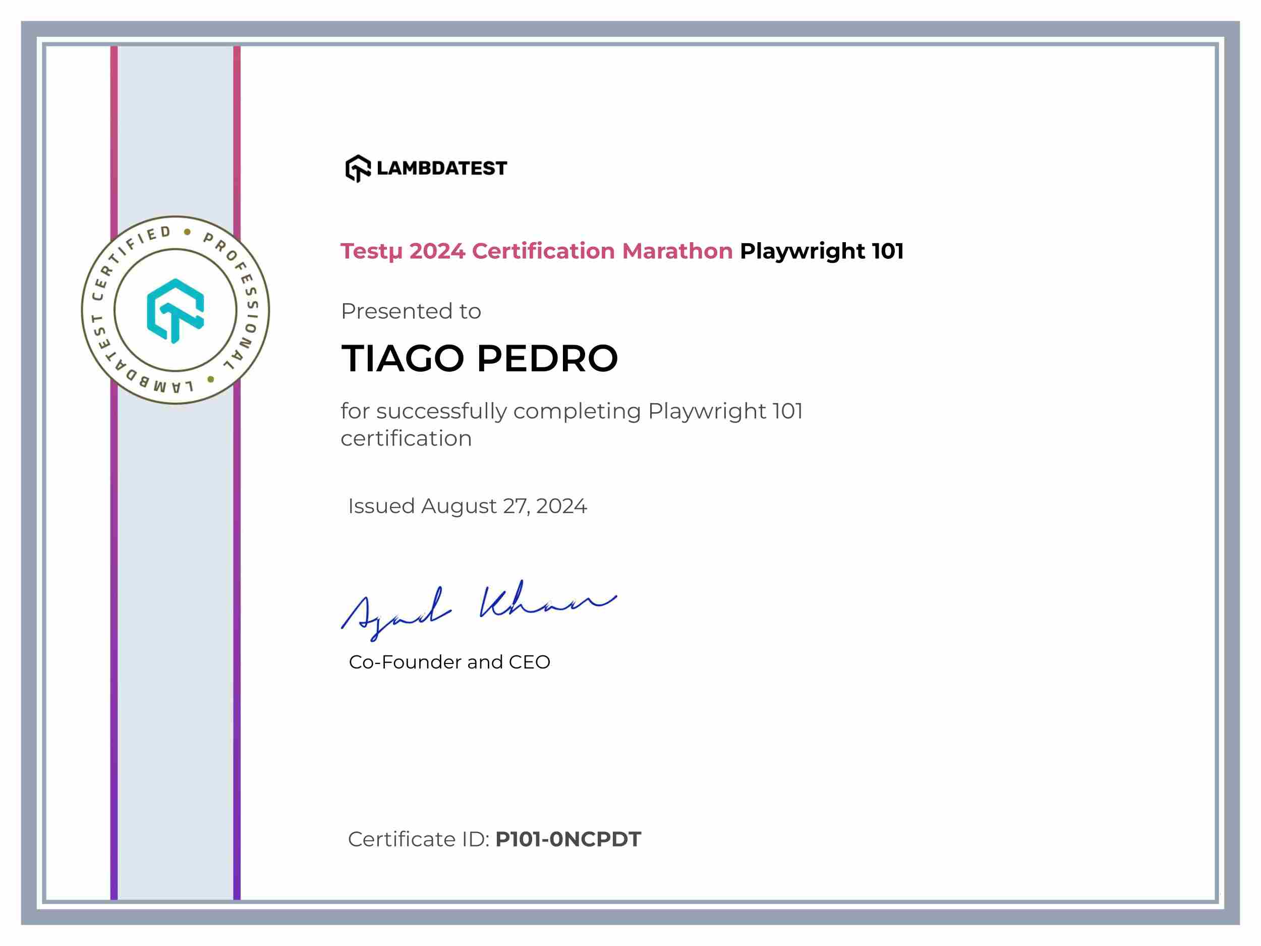 Tiago Pedro's Automation Certificate: Playwright 101