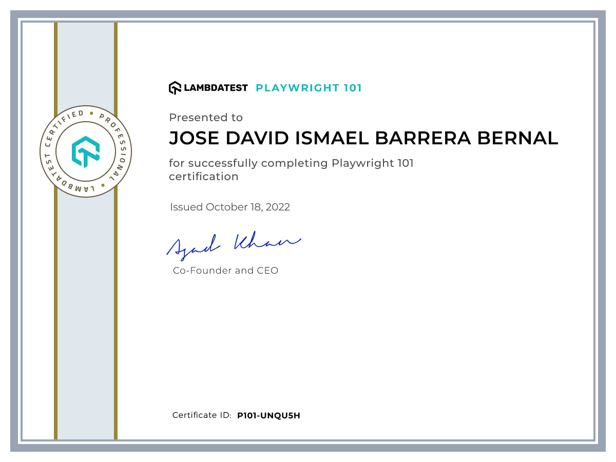 Jose David Ismael Barrera Bernal's Automation Certificate: Playwright 101
