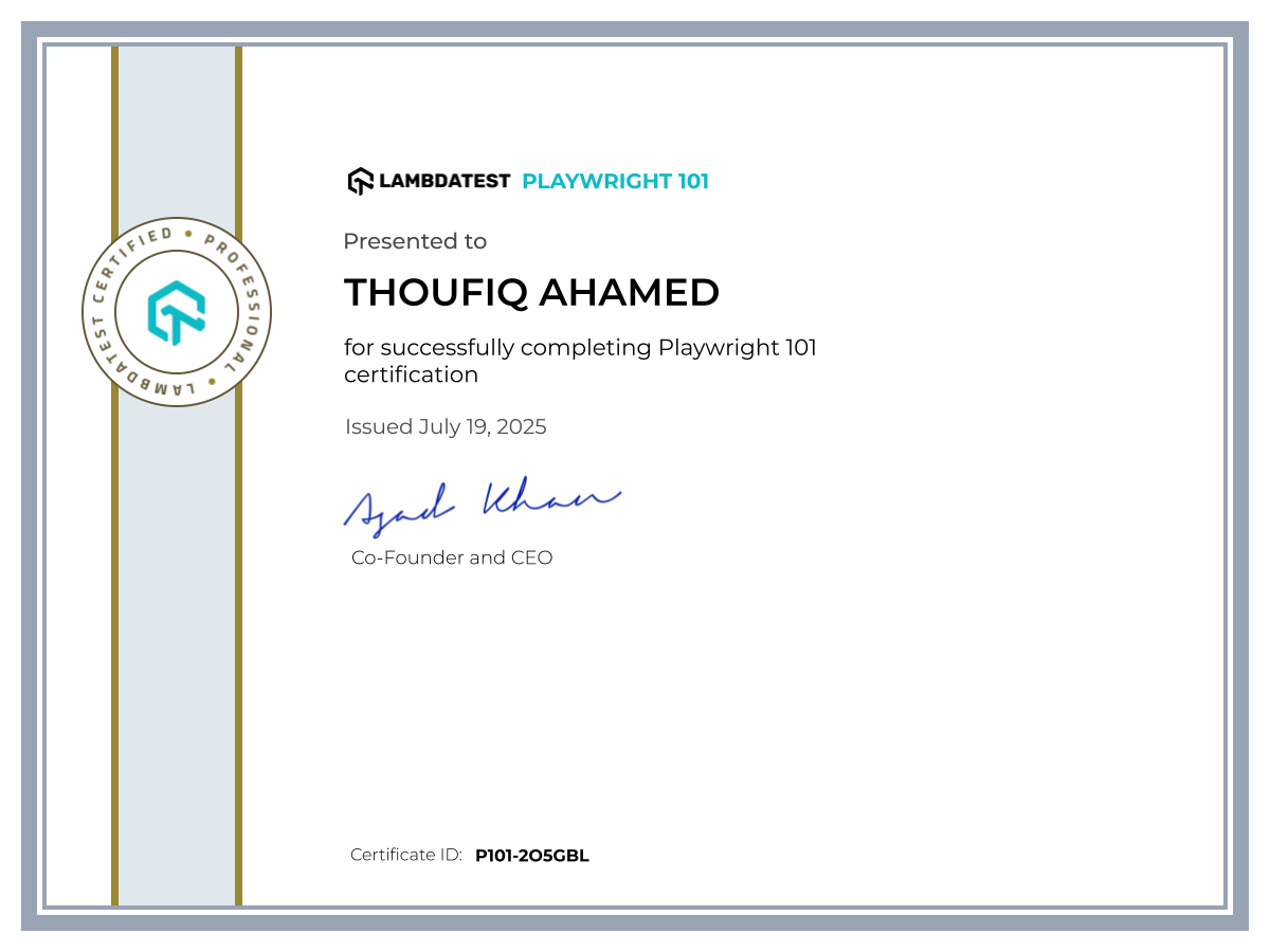 Thoufiq Ahamed's Automation Certificate: Playwright 101