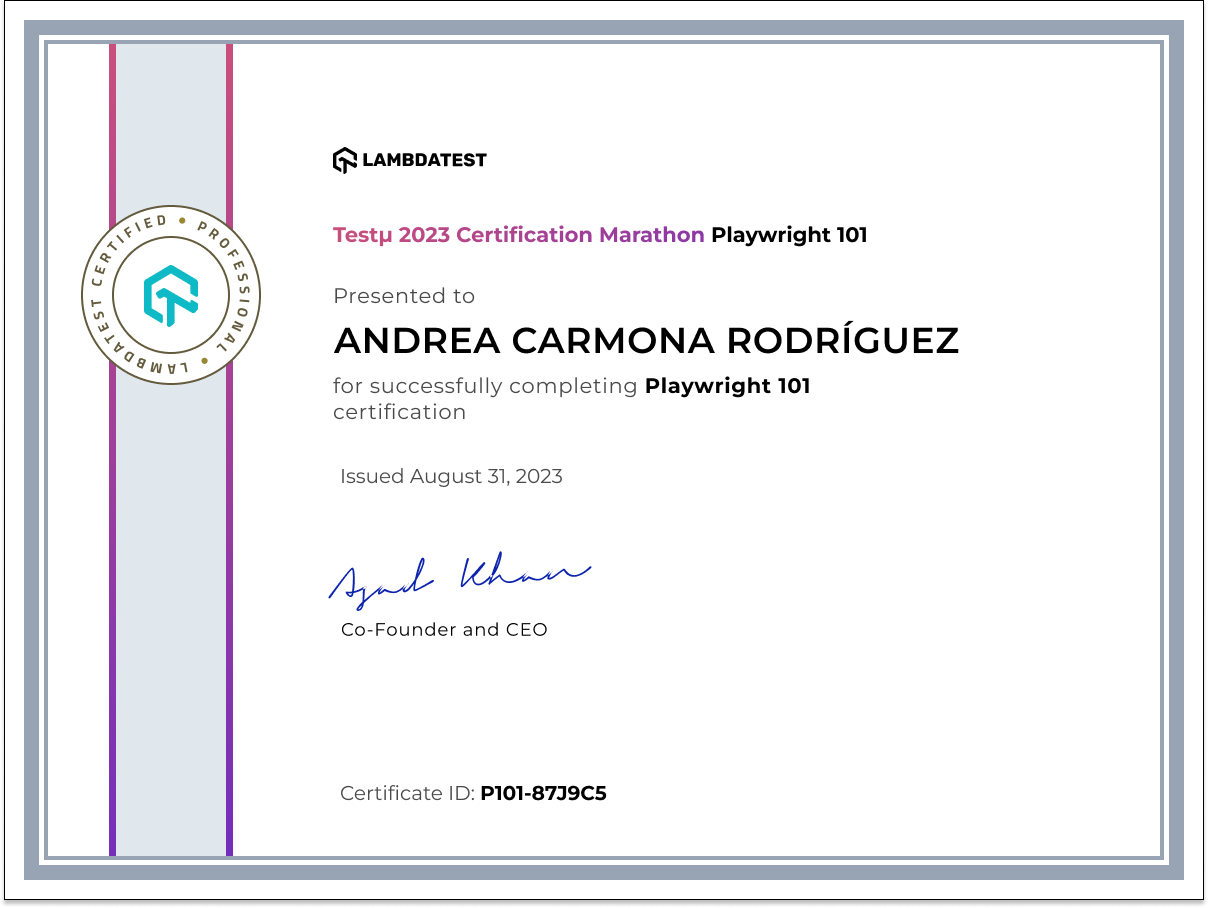 Andrea Carmona Rodríguez's Automation Certificate: Playwright 101