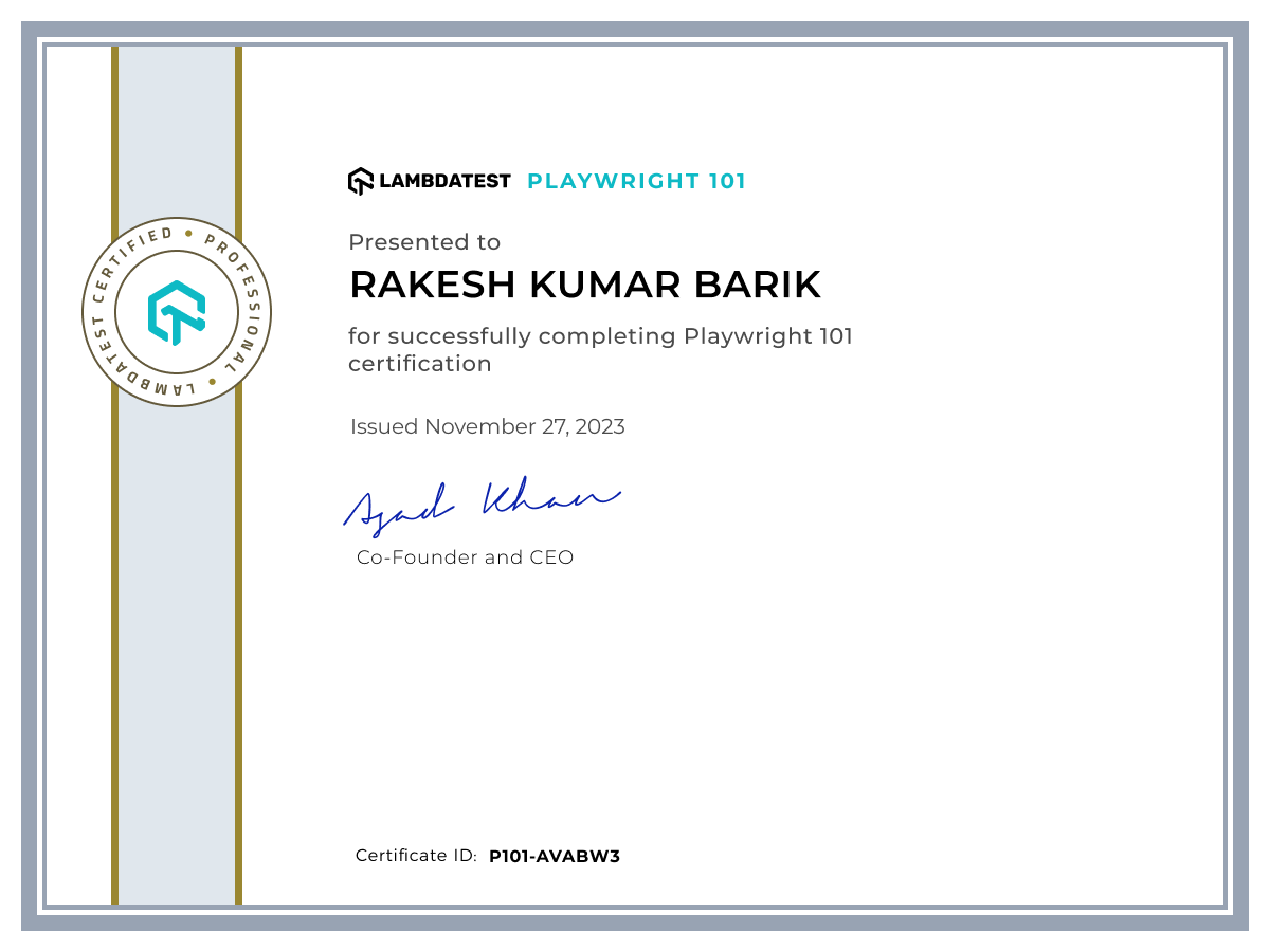 Rakesh Kumar Barik's Automation Certificate: Playwright 101