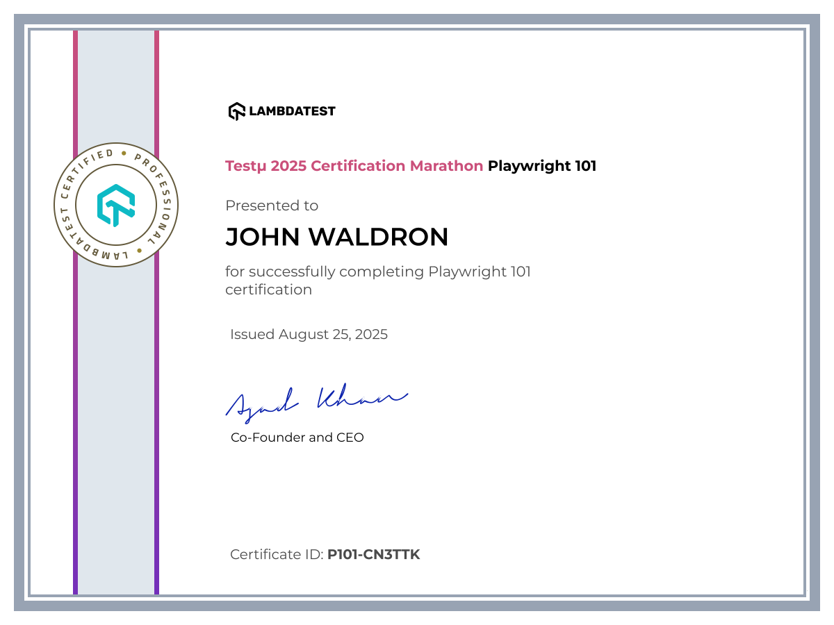 John Waldron's Automation Certificate: Playwright 101