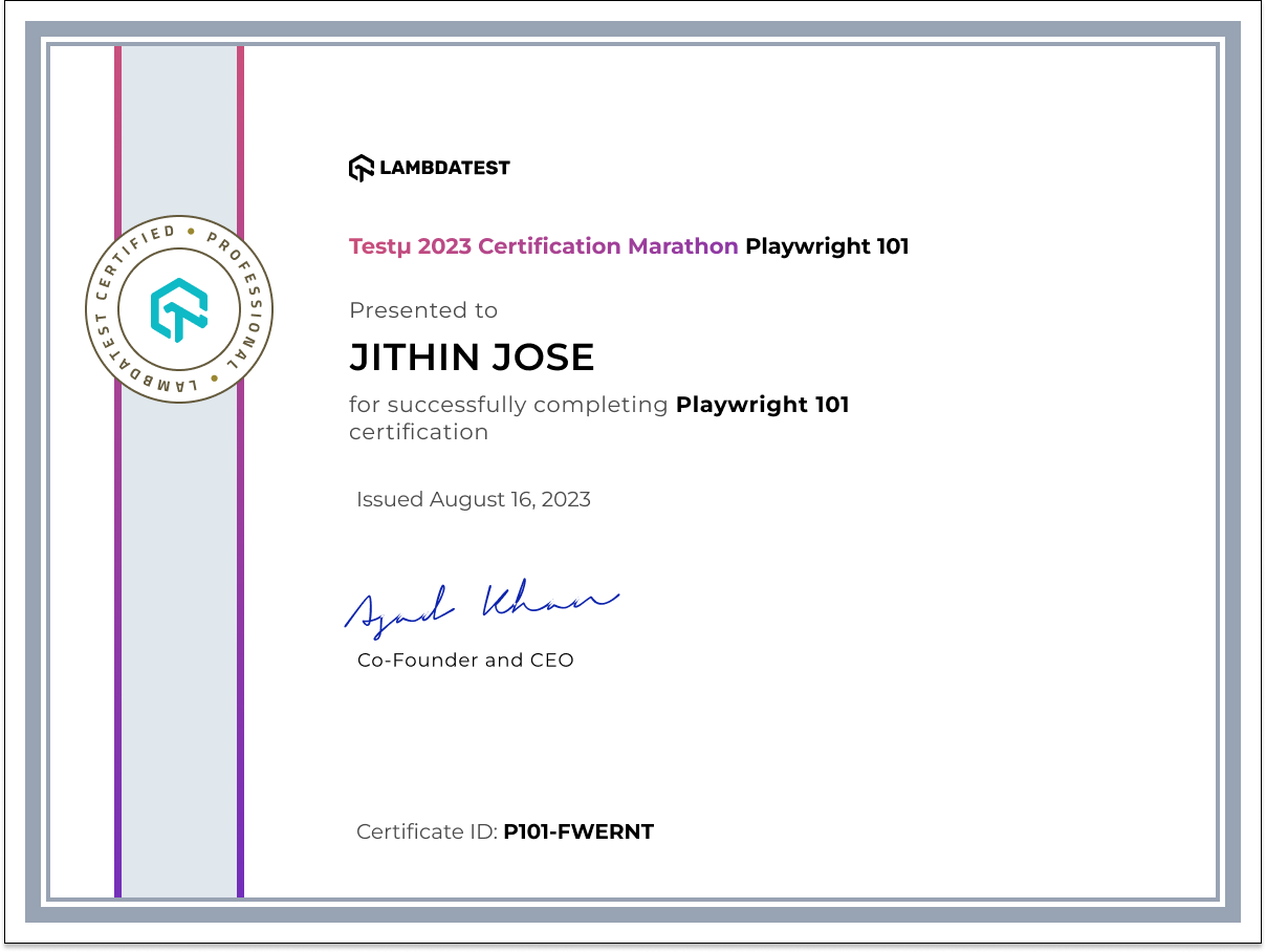 Jithin Jose's Automation Certificate: Playwright 101