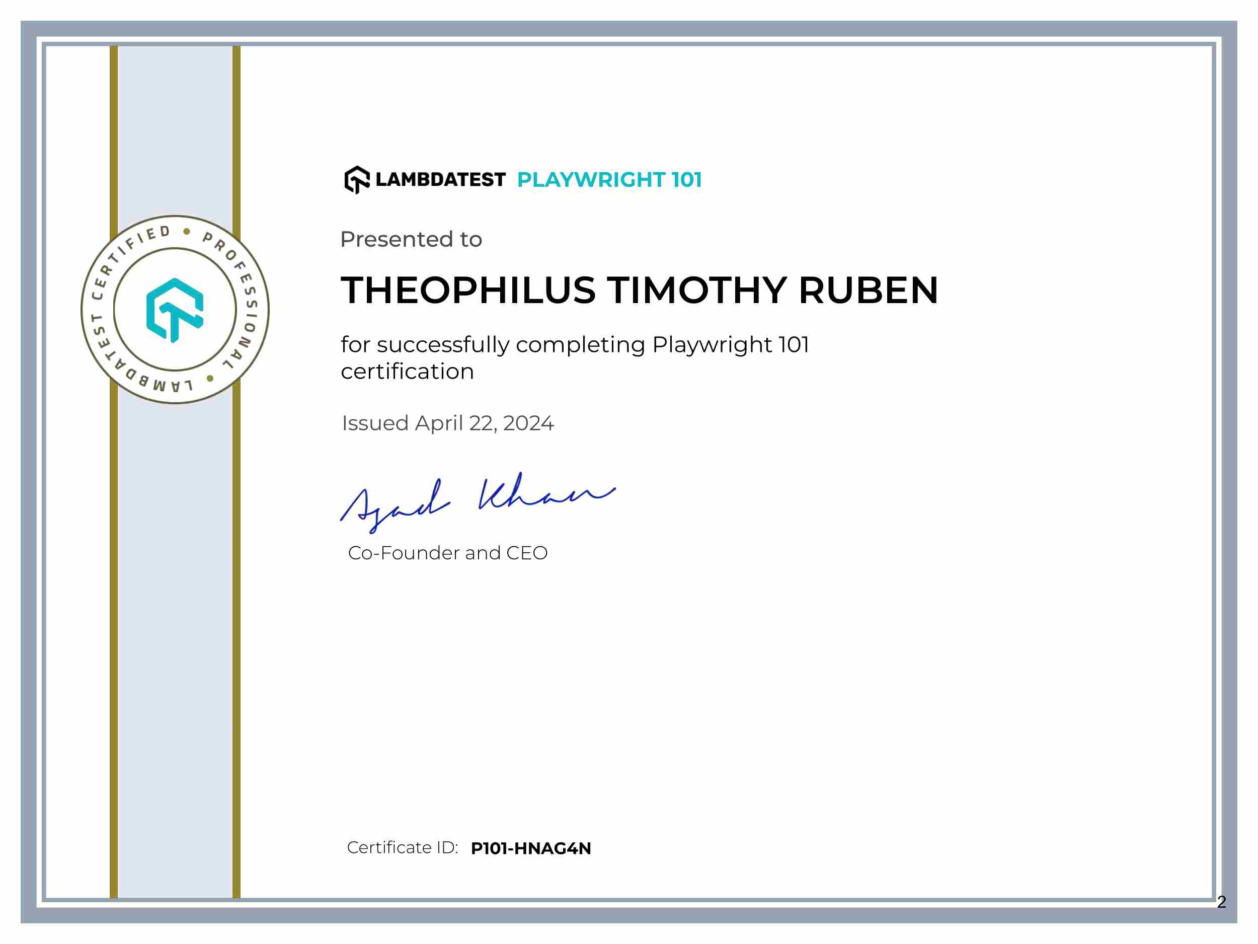 Theophilus Timothy Ruben's Automation Certificate: Playwright 101