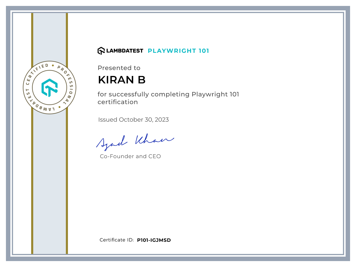 Kiran B's Automation Certificate: Playwright 101