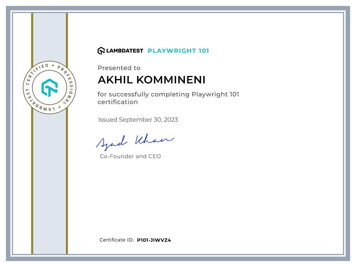 Akhil Kommineni's Automation Certificate: Playwright 101