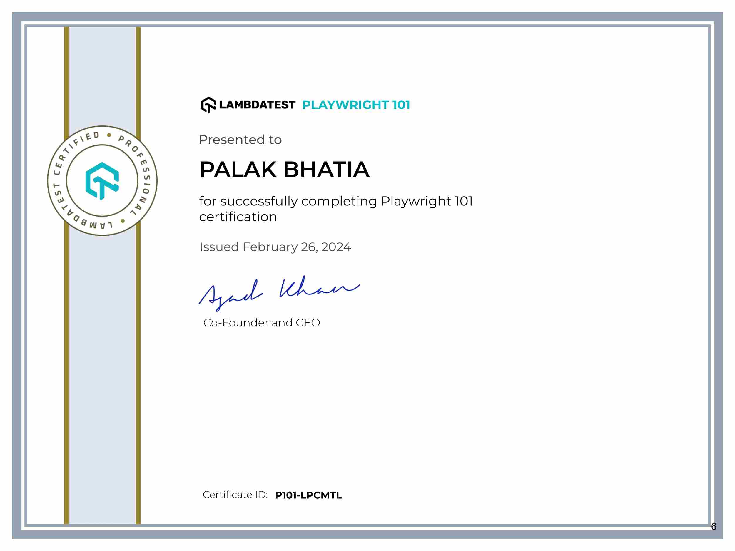 Palak Bhatia's Automation Certificate: Playwright 101