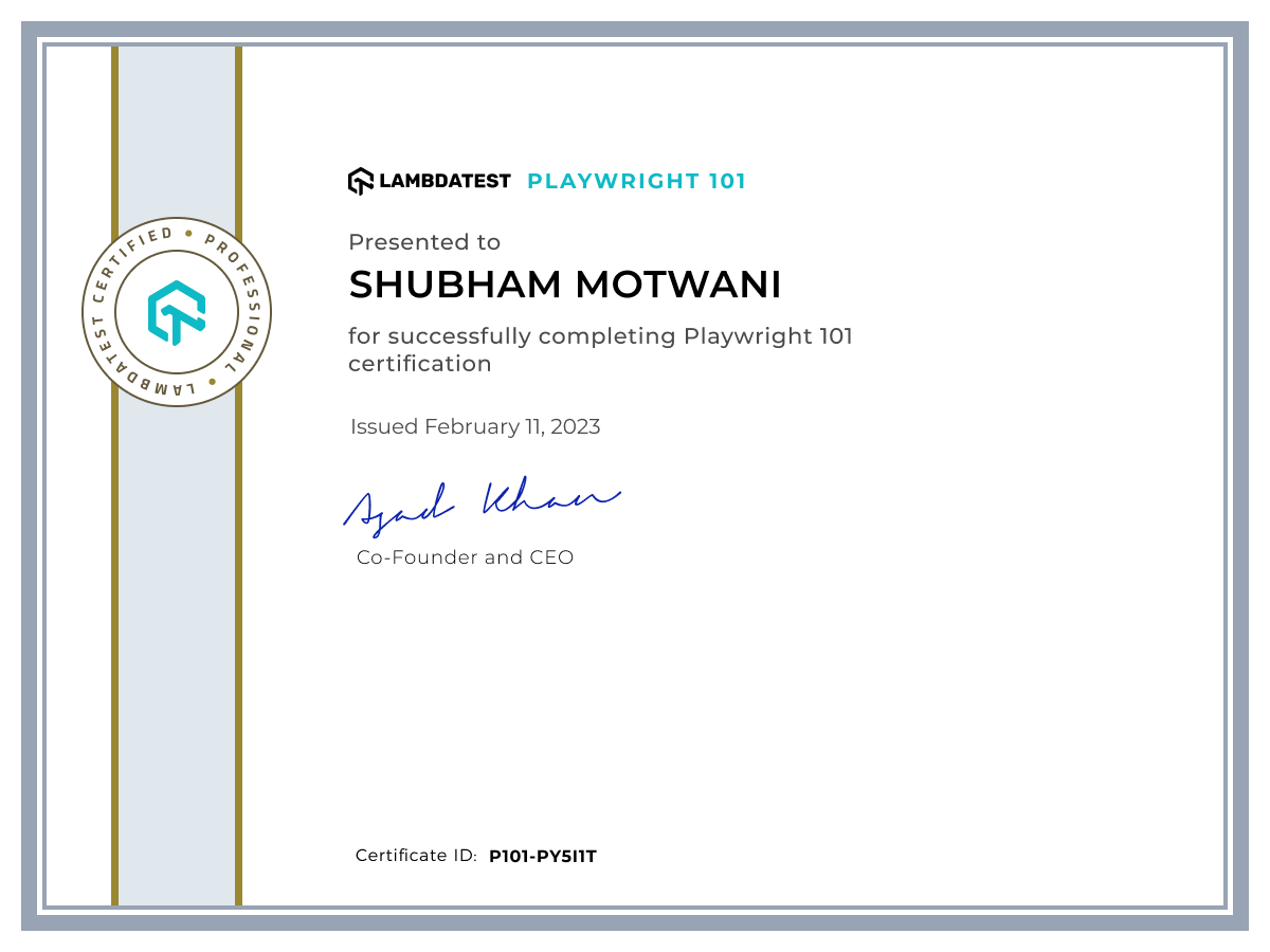 Shubham Motwani's Automation Certificate: Playwright 101