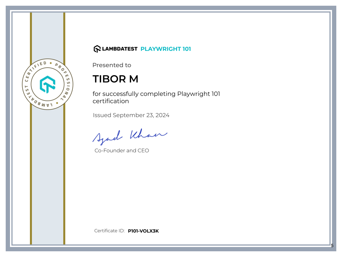 Tibor M's Automation Certificate: Playwright 101