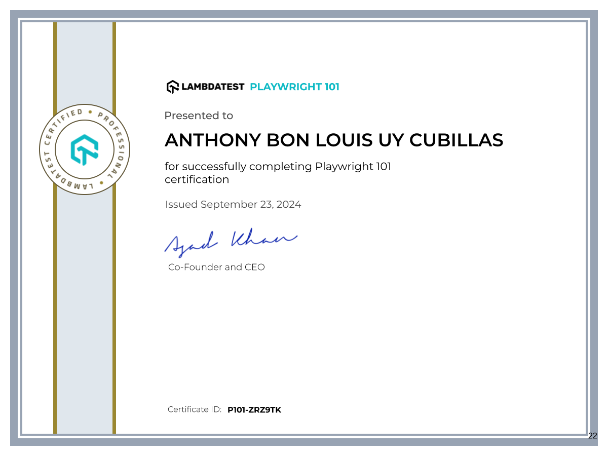 Anthony Bon Louis Uy Cubillas's Automation Certificate: Playwright 101