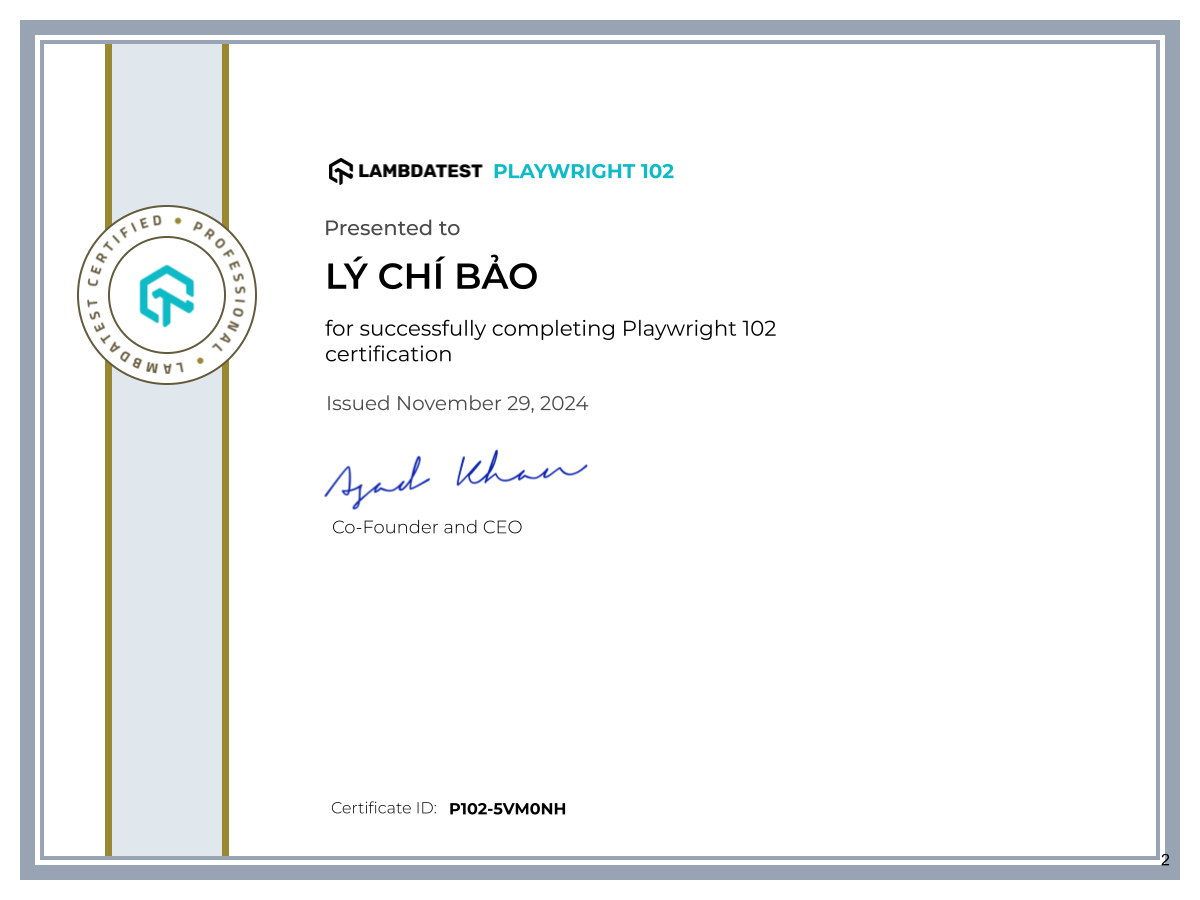 Lý Chí Bảo's Automation Certificate: Playwright 102