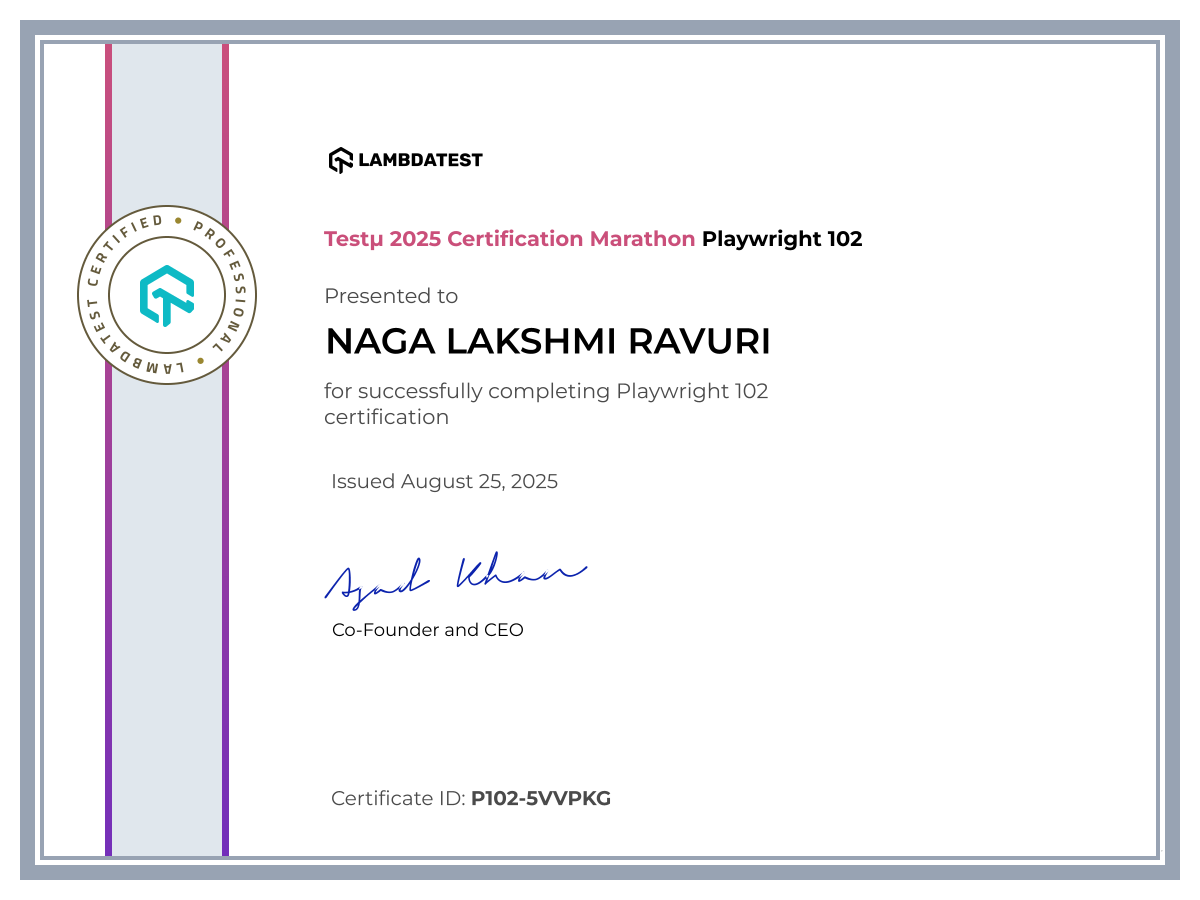 Naga Lakshmi Ravuri's Automation Certificate: Playwright 102