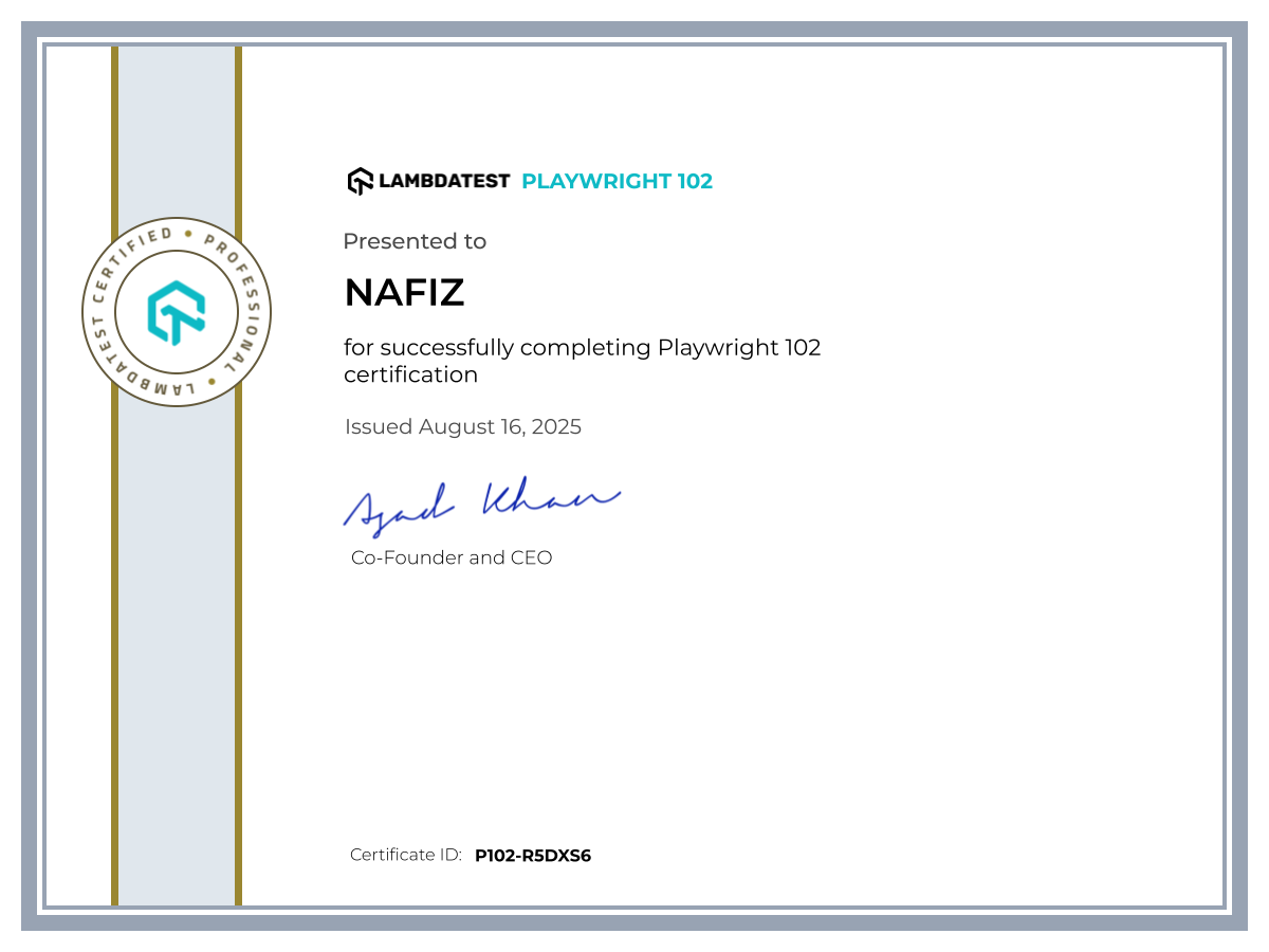 Nafiz's Automation Certificate: Playwright 102