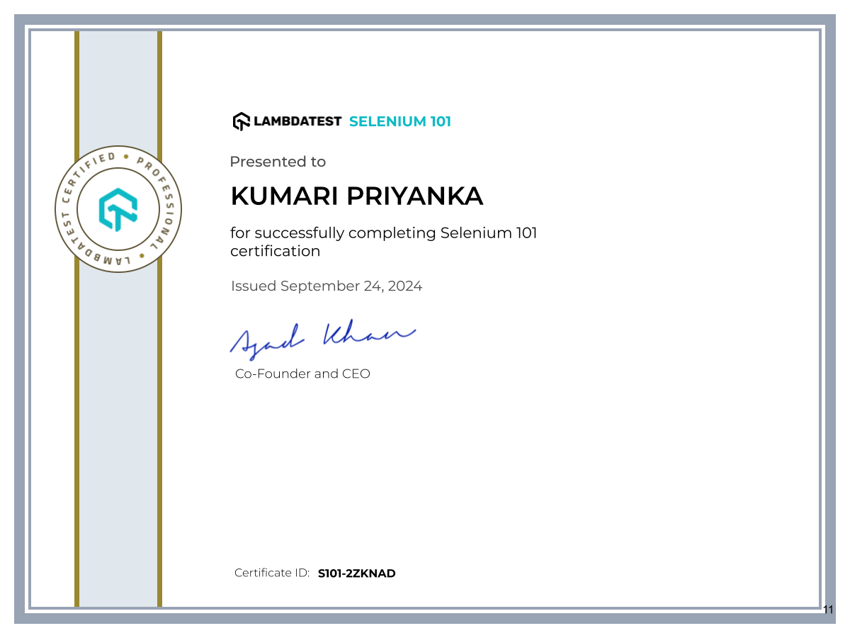 Kumari Priyanka's Automation Certificate: Selenium 101