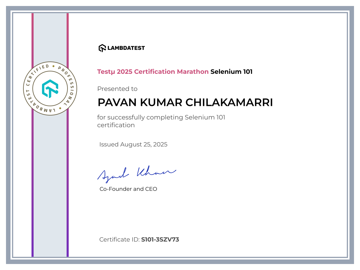 Pavan Kumar Chilakamarri's Automation Certificate: Selenium 101