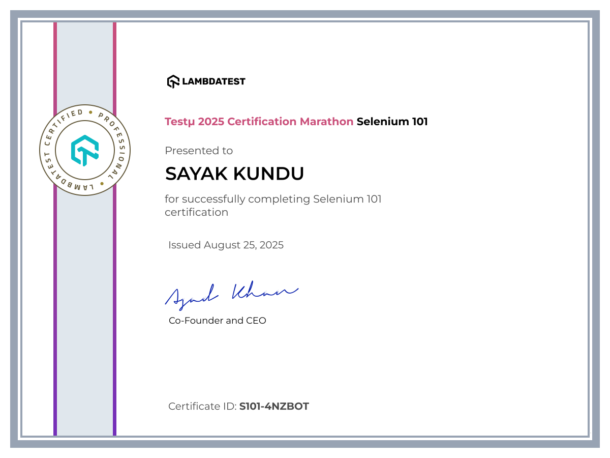 Sayak Kundu's Automation Certificate: Selenium 101