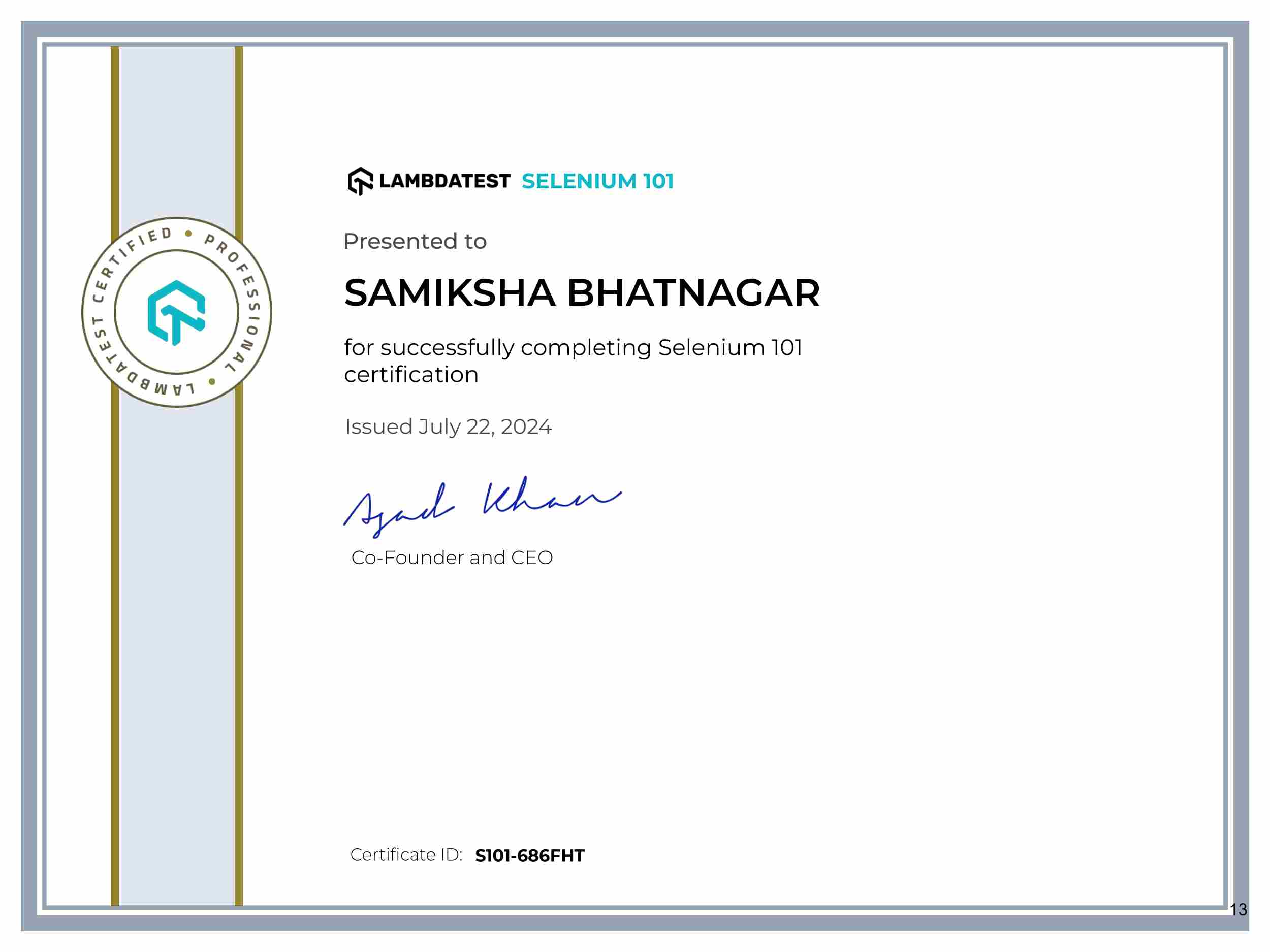 Samiksha Bhatnagar's Automation Certificate: Selenium 101