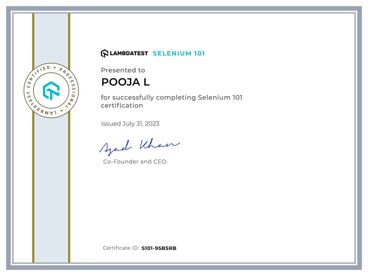 Pooja L's Automation Certificate: Selenium 101