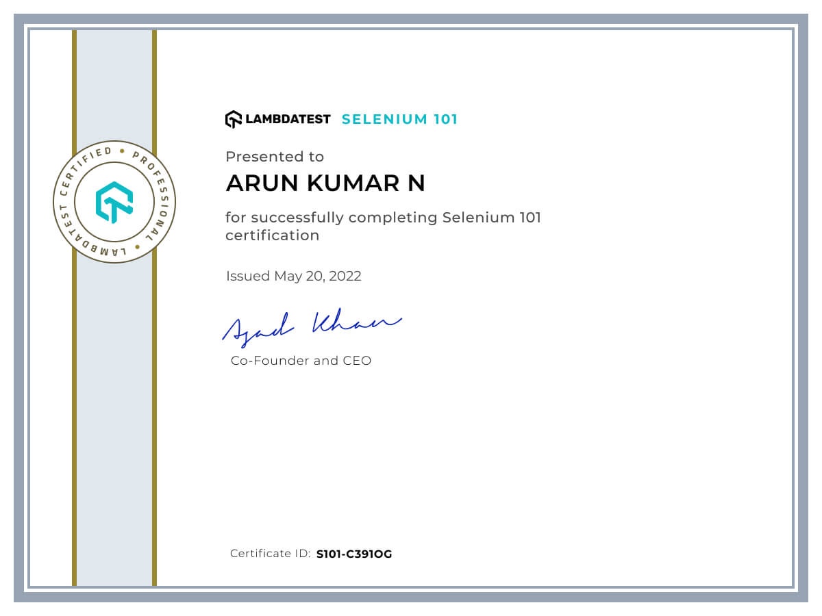 Arun kumar N's Automation Certificate: Selenium 101