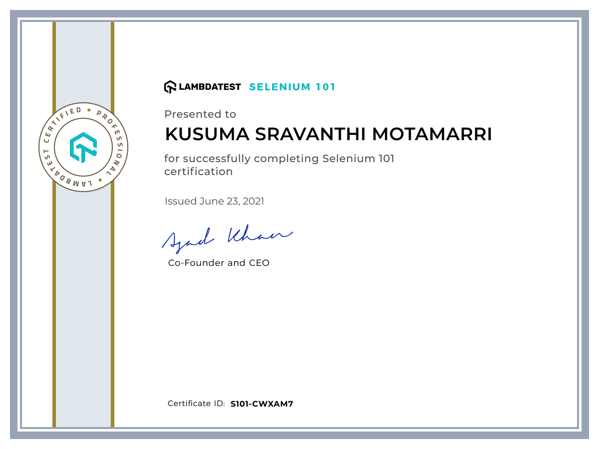 Kusuma Sravanthi Motamarri's Automation Certificate: Selenium 101