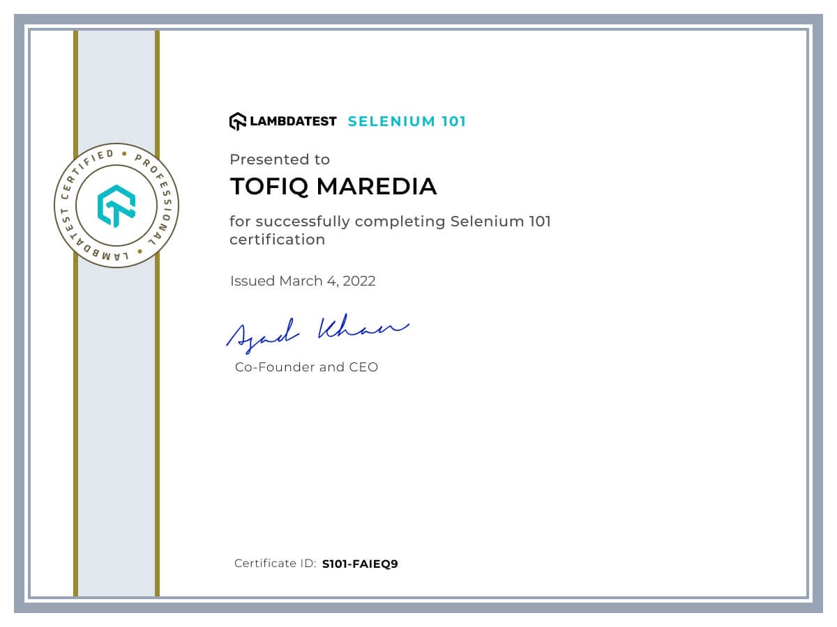 Tofiq Maredia's Automation Certificate: Selenium 101